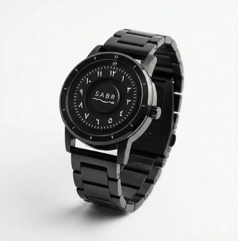 Sabr Arabic Numeral Watch for Men Magnetic Bead Pointer Scale Personalized Black Stainless Steel Men's Quartz Watch (BLACK)